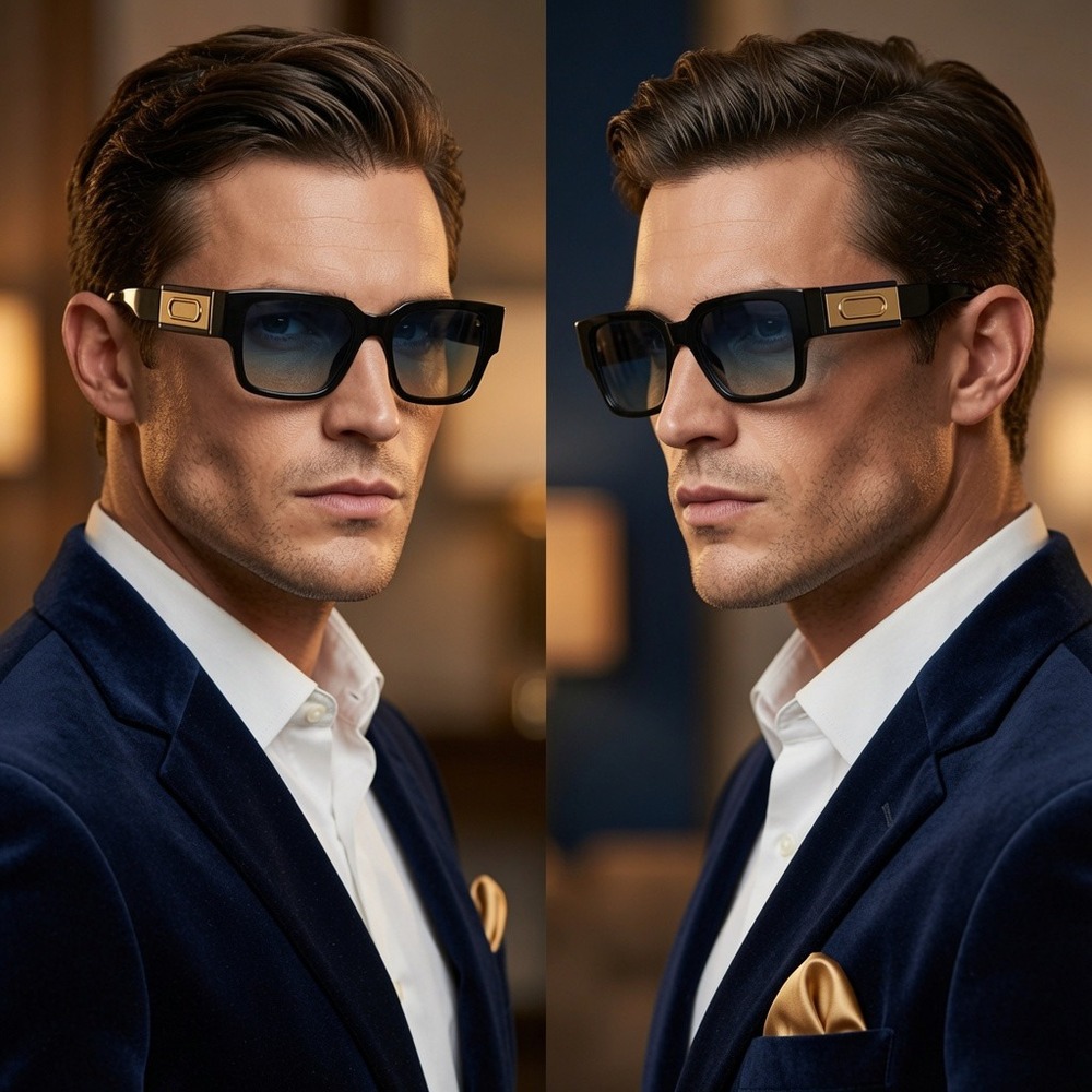 Mens Black Square Sunglasses Blue Gradient Lens Modern Eyewear Designer Lentes‎